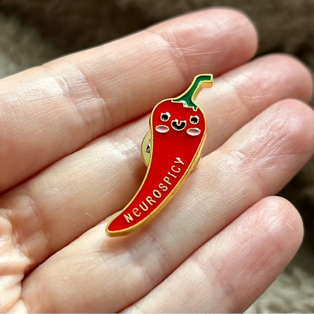 Funny “Neurospicy” Chili Pepper Pin Brooch, Red, Gold